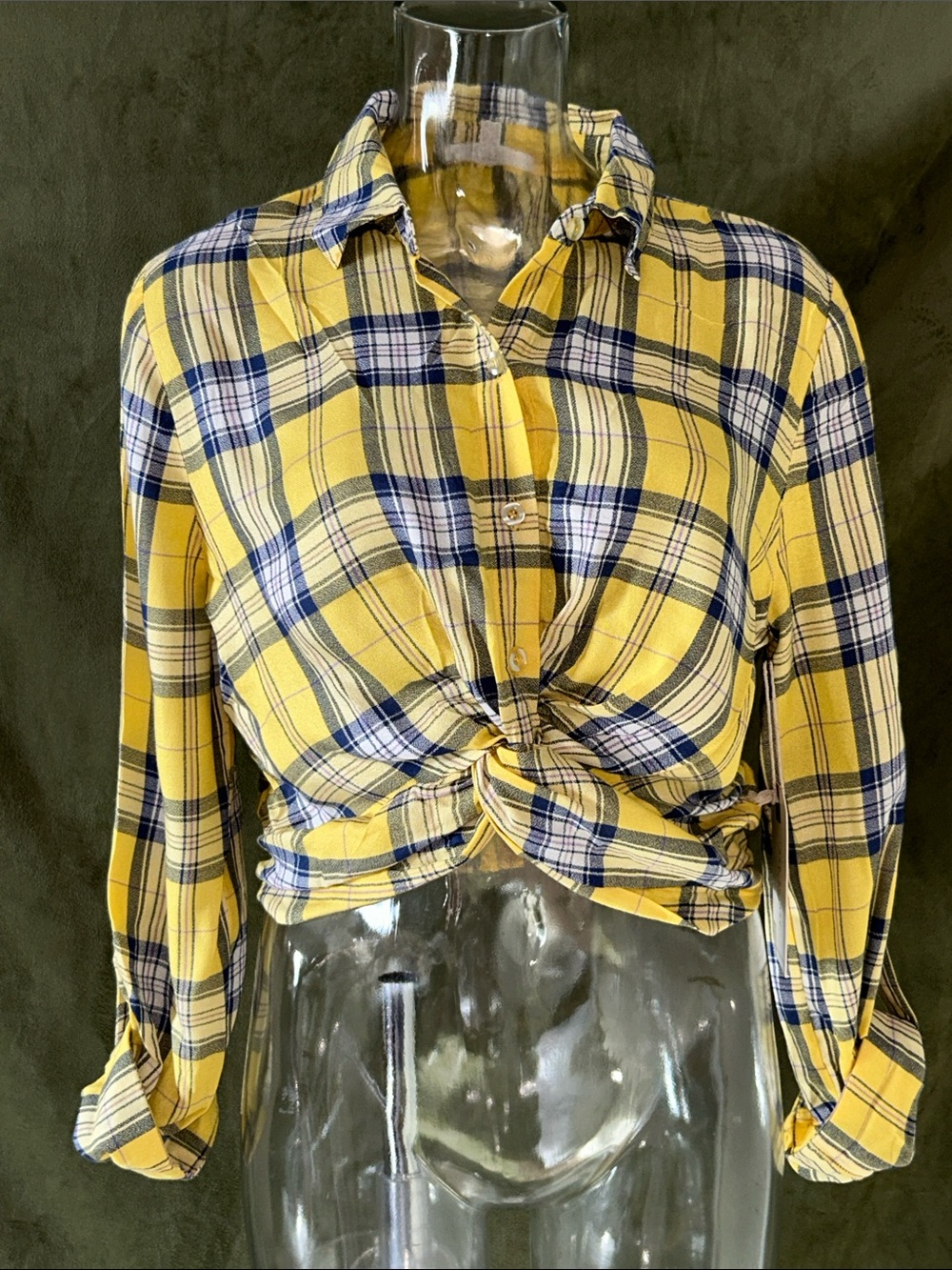 Yellow & Navy Plaid Twist-Front Button-Down Top